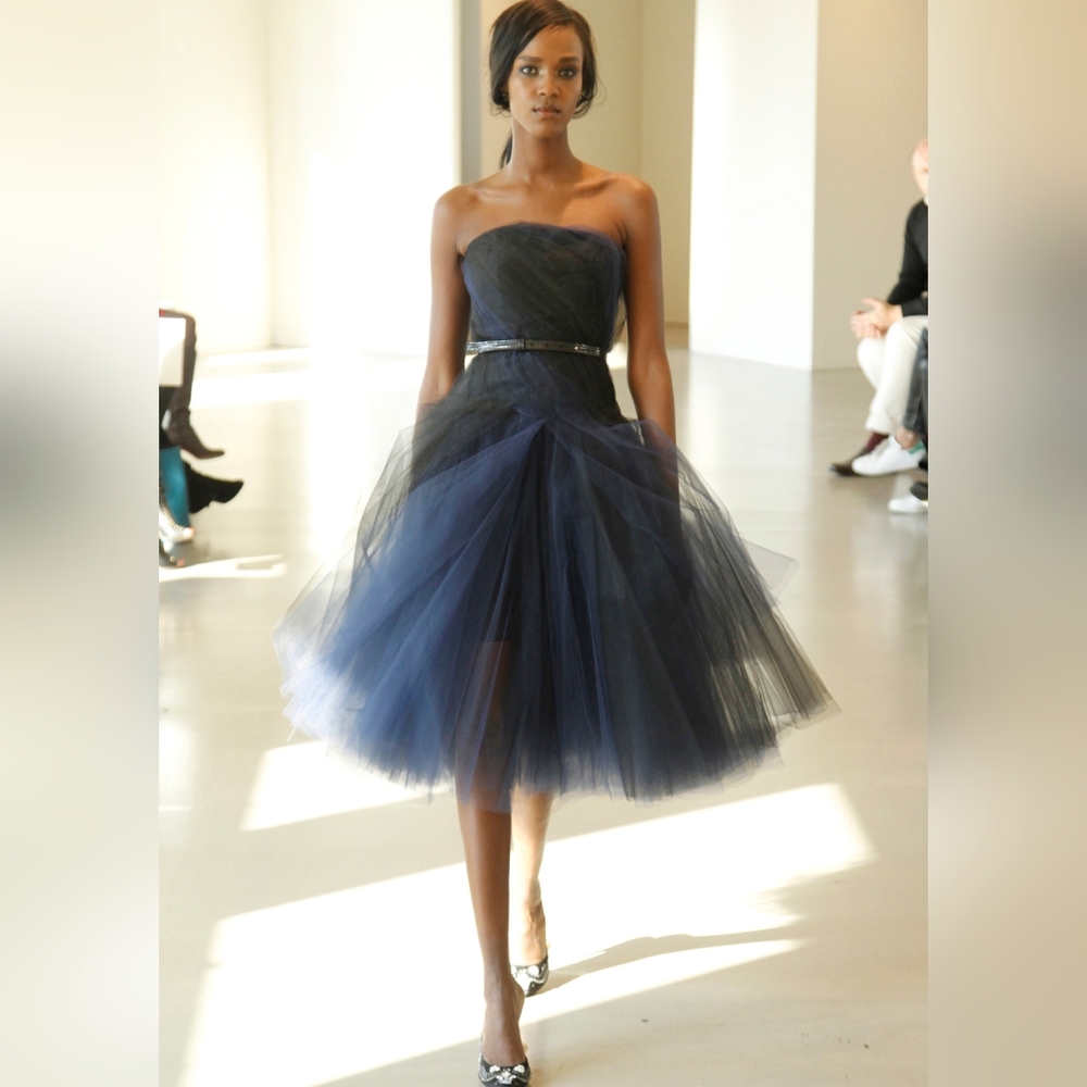 $5,700 OSCAR DE LA RENTA EXCLUS SILK LINED BLUE BLACK TULLE RUNWAY DRESS US 0 - Picture 2 of 13